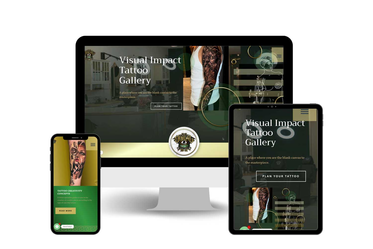 Visual Impact Tattoo Gallery website shown on a desktop, a laptop, a tablet and a phone.