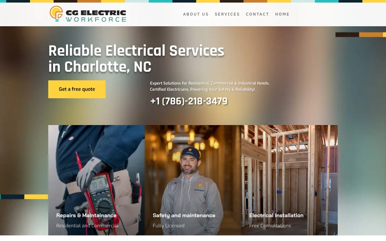 CG Electric Workforce home page: Reliable Electrical Services in Charlotte, NC, with a Get a free quote button and service photos.