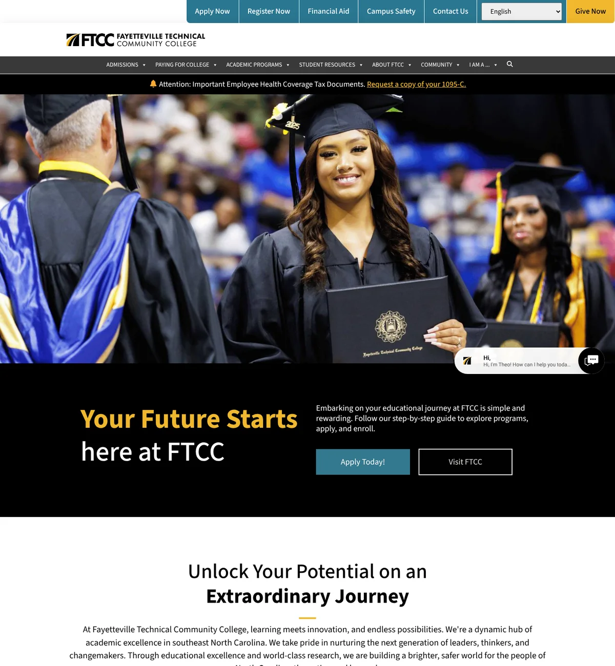 Live FTCC homepage: a graduate in cap and gown smiling behind the headline Your Future Starts here at FTCC in gold and white, with Apply Today and Visit FTCC buttons, followed by academic pathways cards.