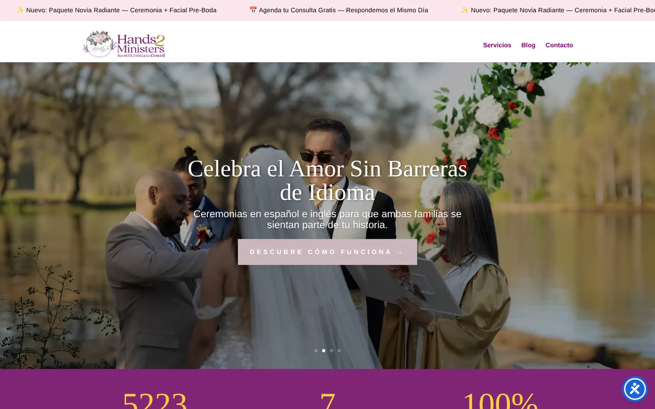 Hands2Ministers home page: Celebra el Amor Sin Barreras de Idioma, over a photo of a wedding ceremony by a lake.