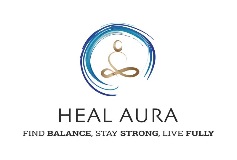 Heal Aura logo: a blue brushstroke circle around a gold figure in meditation, above the name Heal Aura.