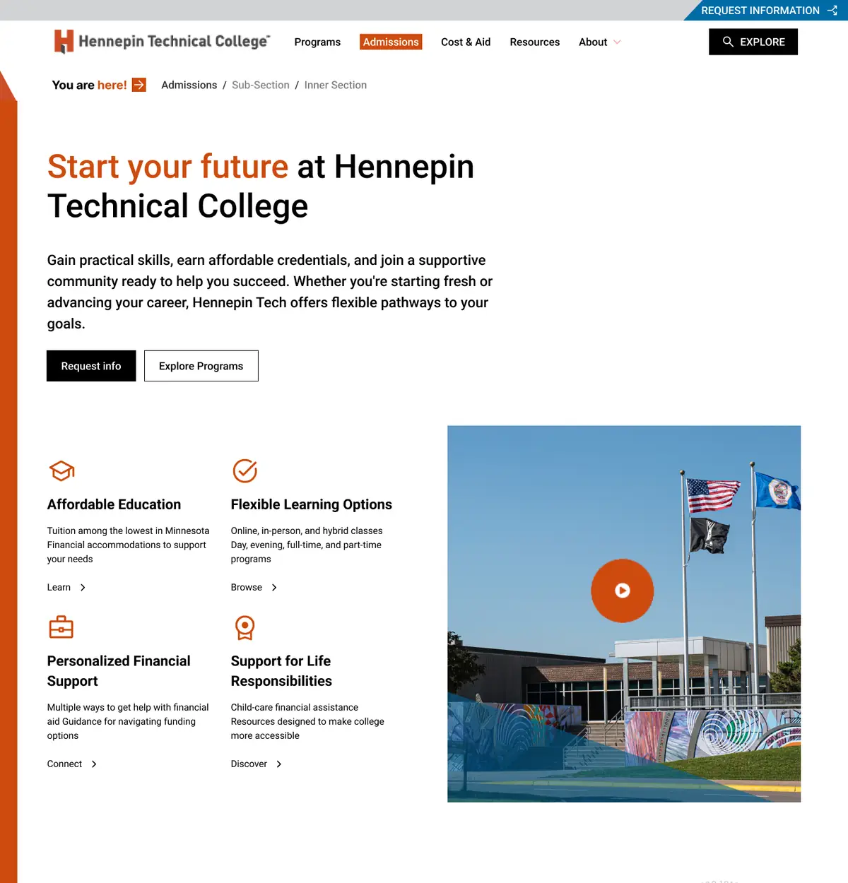 Admissions page with breadcrumbs, the headline Start your future at Hennepin Technical College, Request info and Explore Programs buttons, four benefits with icons and a campus video.
