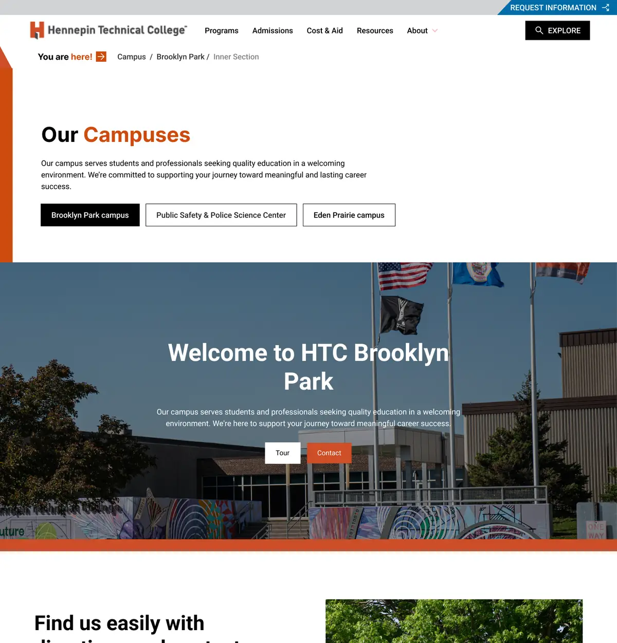 Campus page with breadcrumbs, buttons for each campus, and a Welcome to HTC Brooklyn Park banner with Tour and Contact buttons.