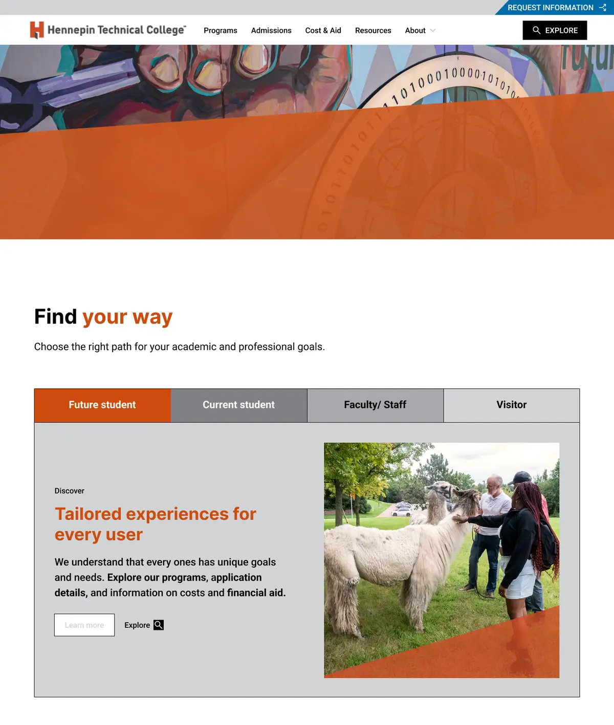Homepage option A: the college’s mural with an orange diagonal band, a Find your way section with tabs for future students, current students, faculty and staff, and visitors, and featured programs.