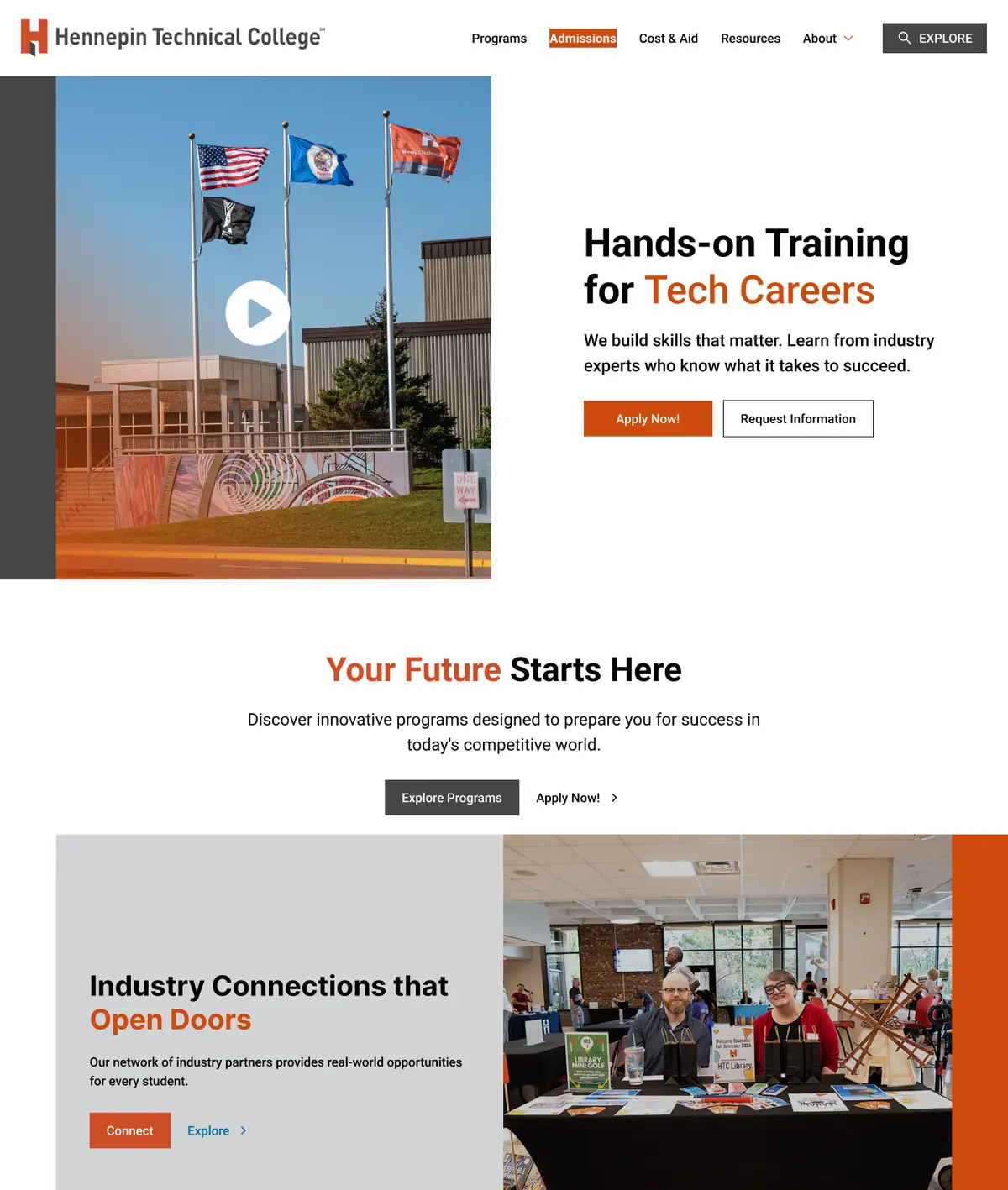 Homepage option B: a campus video next to the headline Hands-on Training for Tech Careers, Apply Now and Request Information buttons, and an industry connections section.