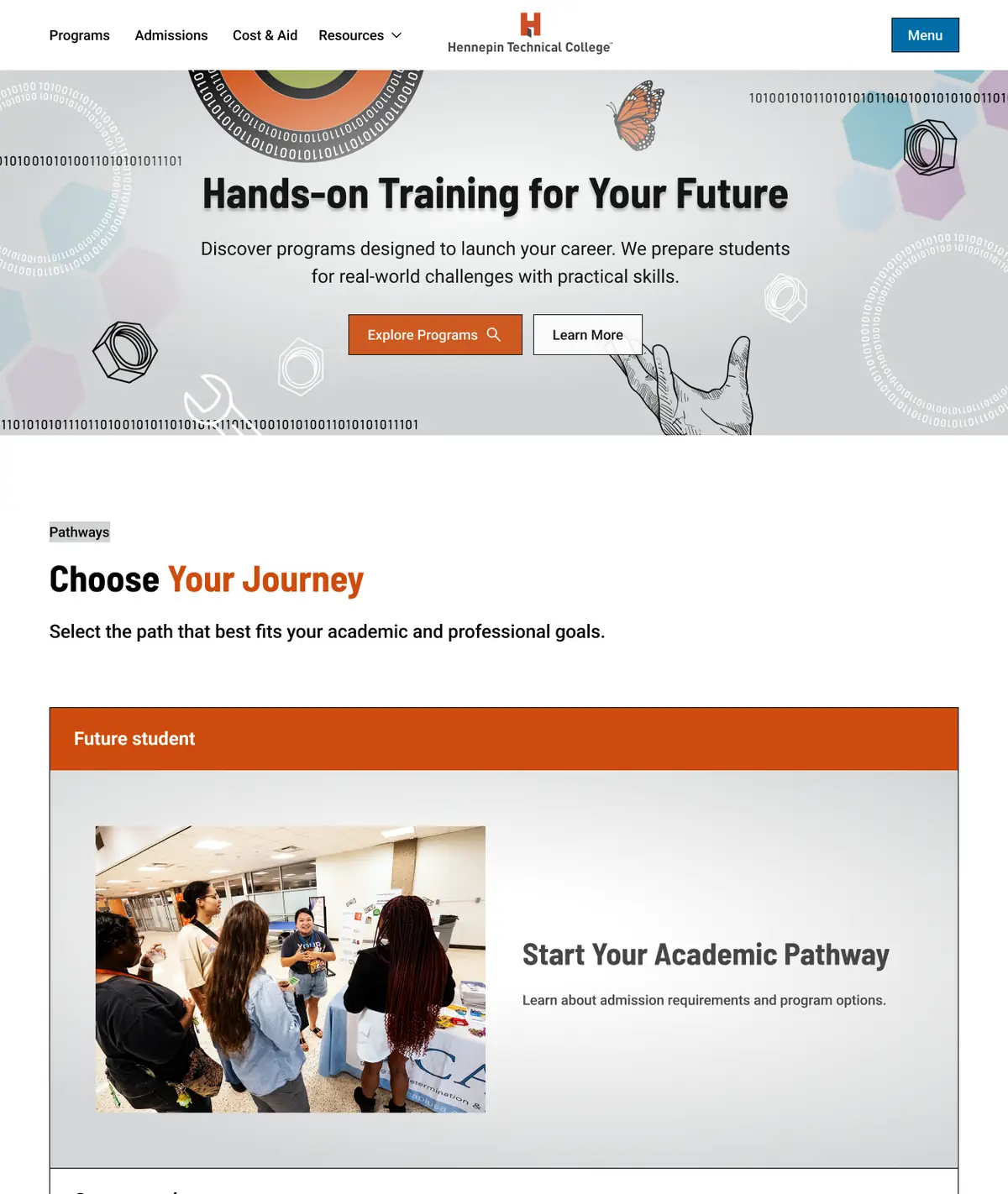 Homepage option C: an illustrated collage of tools, gears and binary code behind the headline Hands-on Training for Your Future, and a Choose your journey list that opens by role.