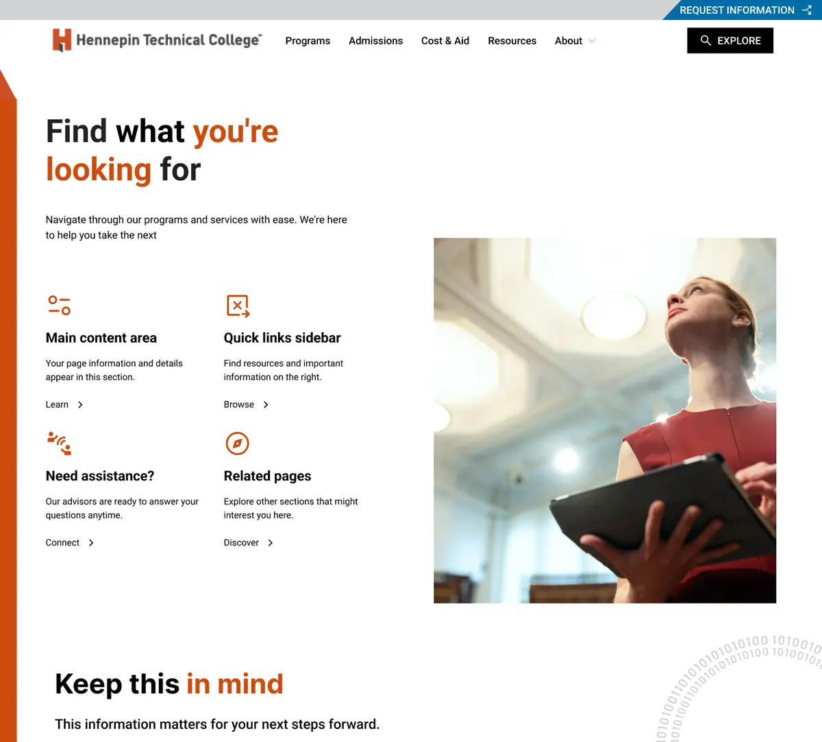 Internal page template with the headline Find what you’re looking for, four blocks for main content, quick links, help and related pages, and a photo of a student.