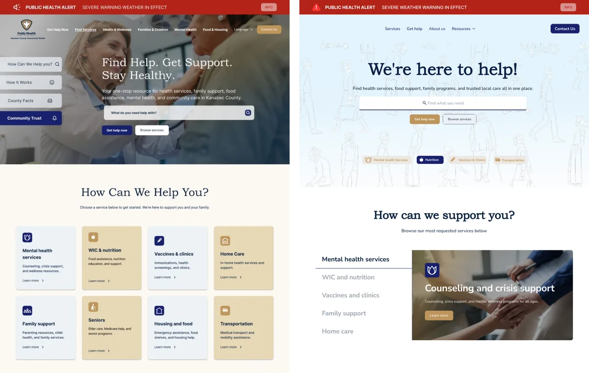 Two homepage directions side by side. Left: a health worker with a patient behind the headline Find Help. Get Support. Stay Healthy., a search bar and a grid of service cards in pale blue and sand. Right: a soft blue banner with line drawings of people behind the headline We’re here to help!, a search bar and service shortcuts.