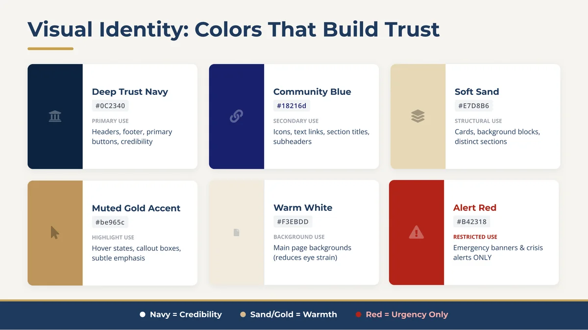 Slide Visual Identity: Colors That Build Trust: Deep Trust Navy #0C2340, Community Blue #18216D, Soft Sand #E7D8B6, Muted Gold Accent #BE965C, Warm White #F3EBDD and Alert Red #B42318 for emergencies only.