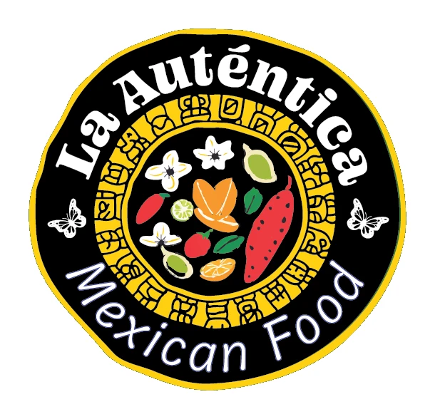 La Auténtica Mexican Food logo: a round black emblem with a yellow ring of Mesoamerican-inspired glyphs, fresh chiles, limes and flowers at the center, and two white butterflies.