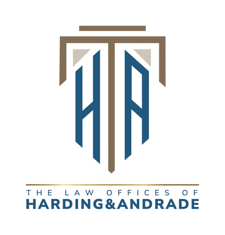 Law Offices of Harding and Andrade logo: the letters H and A drawn as two pillars under a shared capital, in blue and bronze.