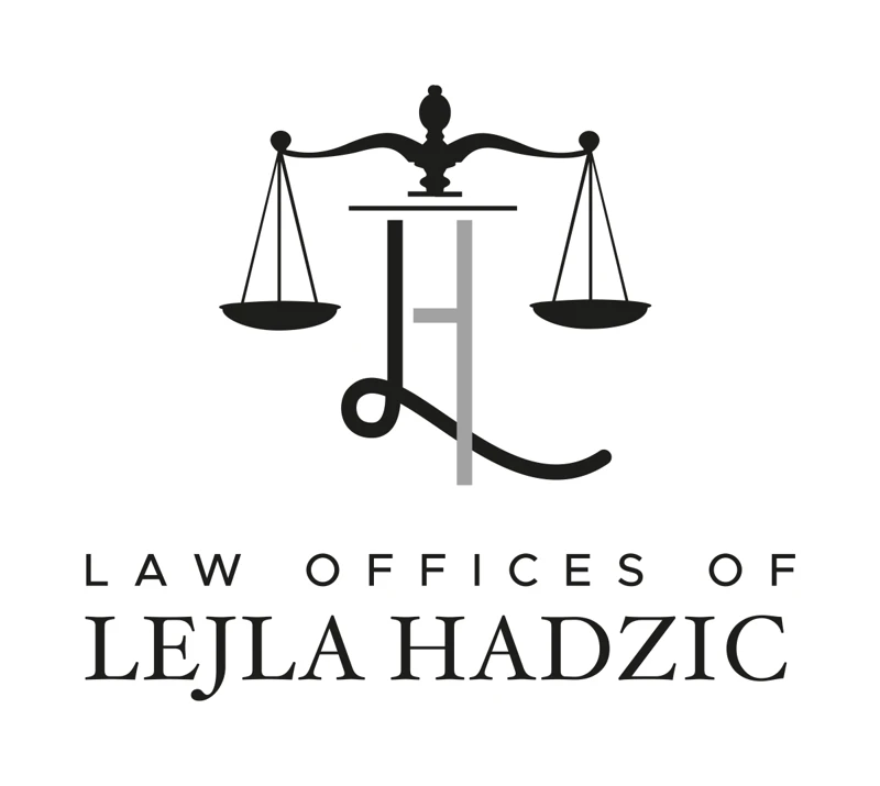 Law Offices of Lejla Hadzic logo: scales of justice above the letters L and H drawn as columns, in black and gray.