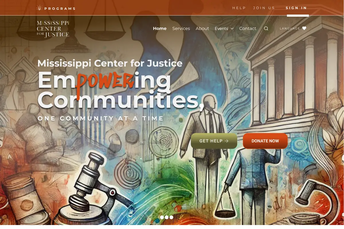 Alternative homepage design with a mural-style illustration of a gavel, scales of justice and courthouse columns behind the headline Empowering Communities.