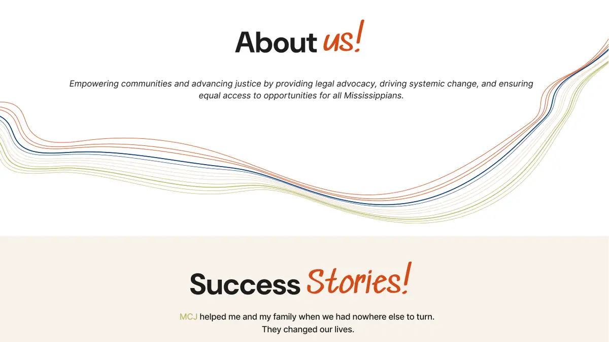 Section headings About us! and Success Stories! with the second word in handwritten terracotta, above a wave of thin colored lines.