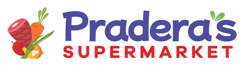 Pradera’s Supermarket logo: the name in purple with Supermarket in red, beside meat, a carrot and vegetables.