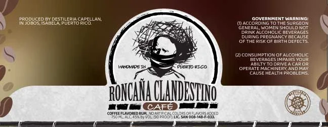 Roncaña Clandestino Café label: a hand-drawn portrait of a man in a straw hat with a scarf over his face, the words Handmade in Puerto Rico, and coffee beans on a brown background.