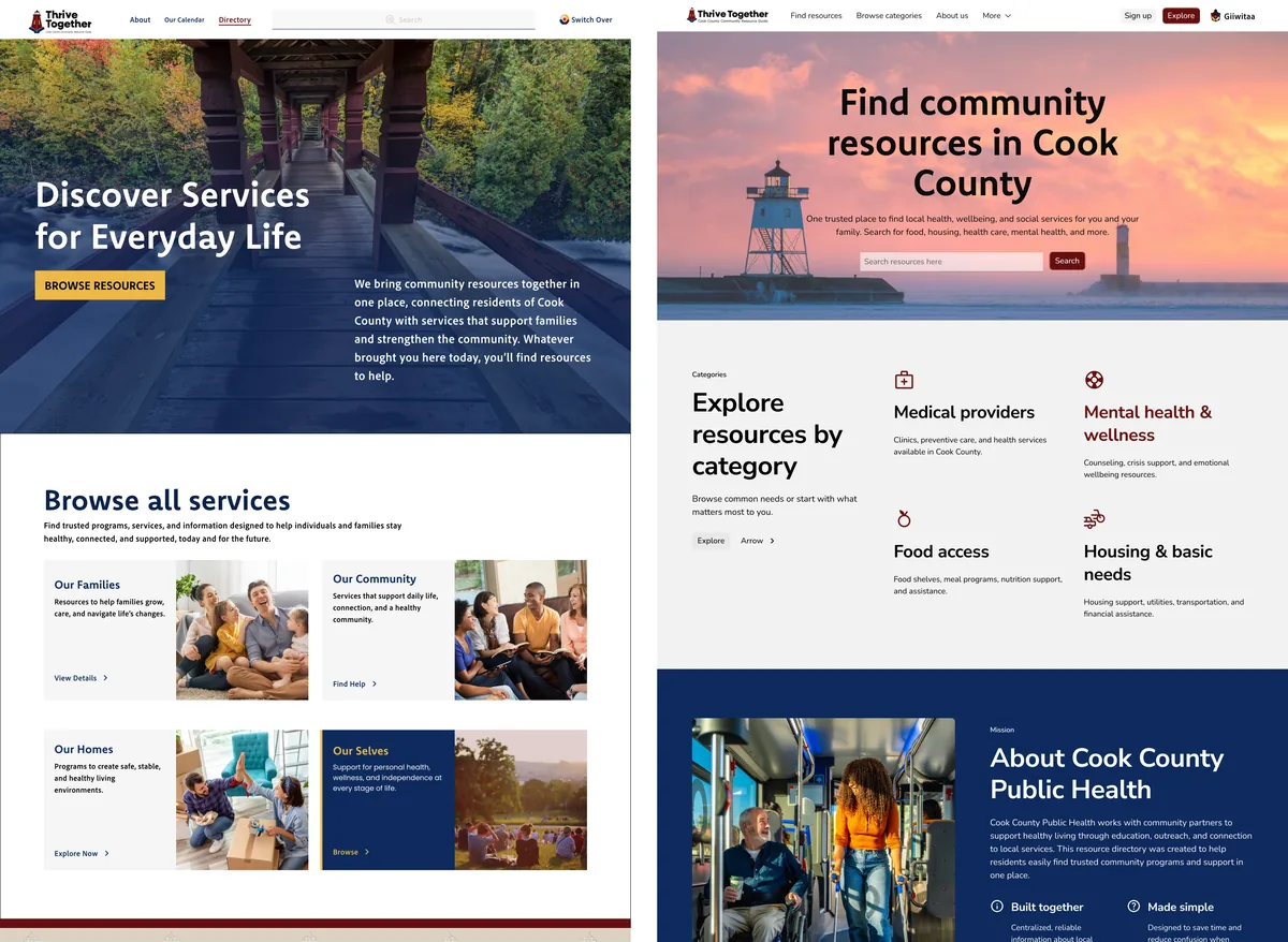Two homepage directions side by side. Left: a wooden footbridge in the forest behind the headline Discover Services for Everyday Life, with service cards for families, community, homes and ourselves. Right: a lighthouse at sunset behind the headline Find community resources in Cook County, a search bar and categories for medical providers, mental health, food access and housing.