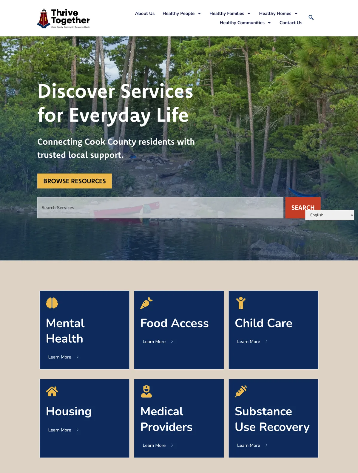 The live Thrive Together homepage: a canoe on a lake among pine trees behind the headline Discover Services for Everyday Life, a search bar, and blue cards for mental health, food access, child care, housing, medical providers and substance use recovery.