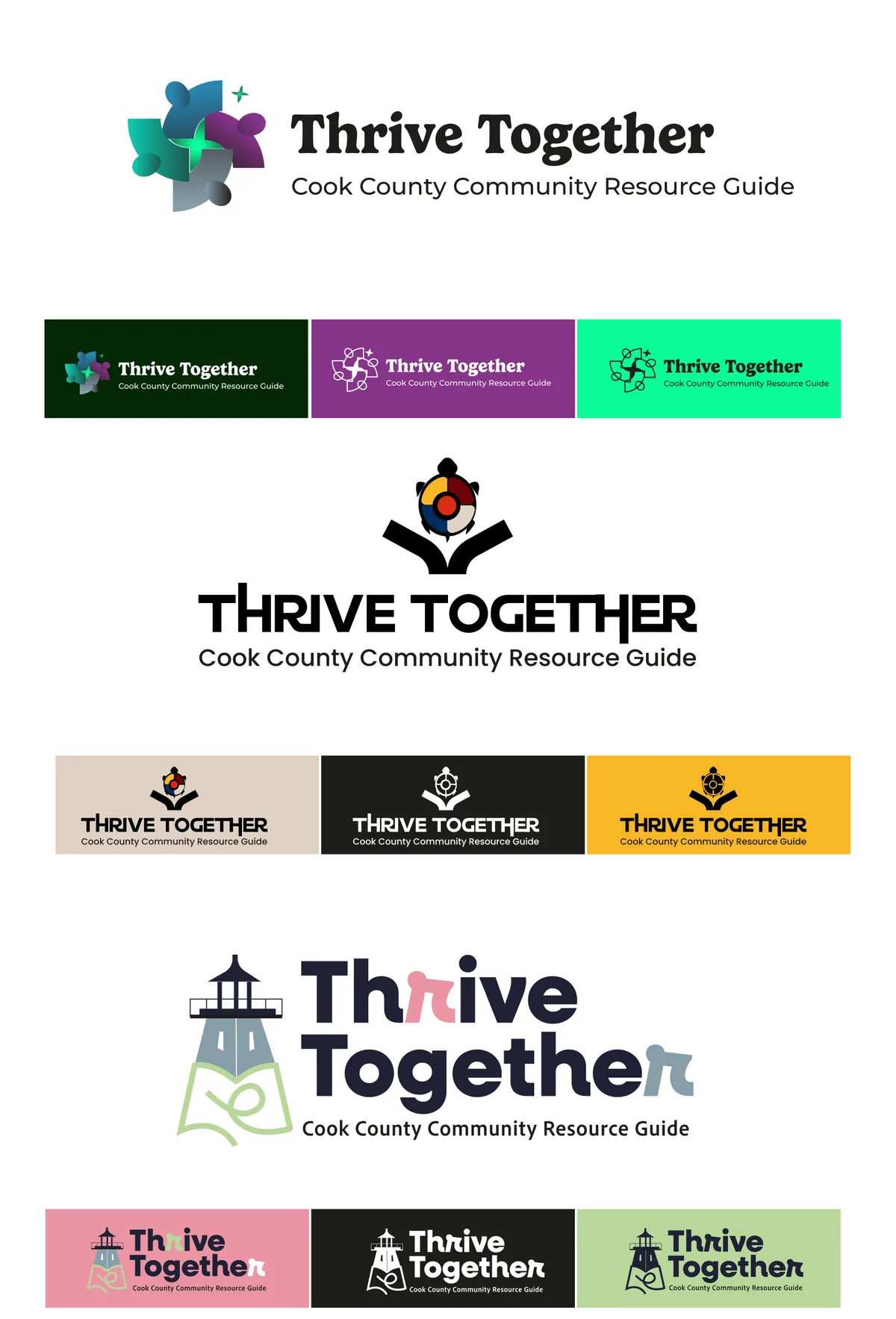 Three logo concepts for Thrive Together, each with color variations: a geometric aurora mark in teal and purple; a medicine wheel above a turtle and an open book; and a lighthouse on an open book in soft pink and green.