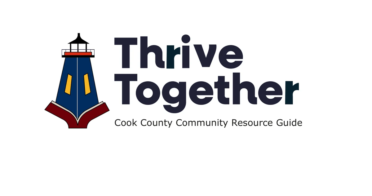 Final Thrive Together logo: a navy lighthouse with a yellow light standing on an open red book, next to the name Thrive Together and the line Cook County Community Resource Guide.