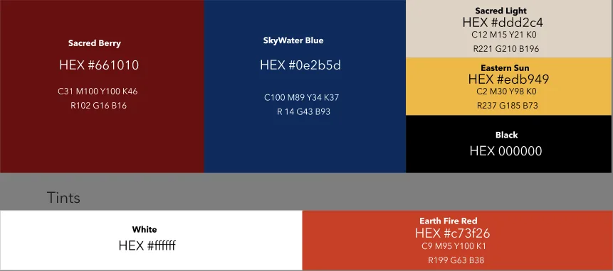 Thrive Together brand palette: Sacred Berry #661010, SkyWater Blue #0E2B5D, Sacred Light #DDD2C4, Eastern Sun #EDB949, Black, White and Earth Fire Red #C73F26.