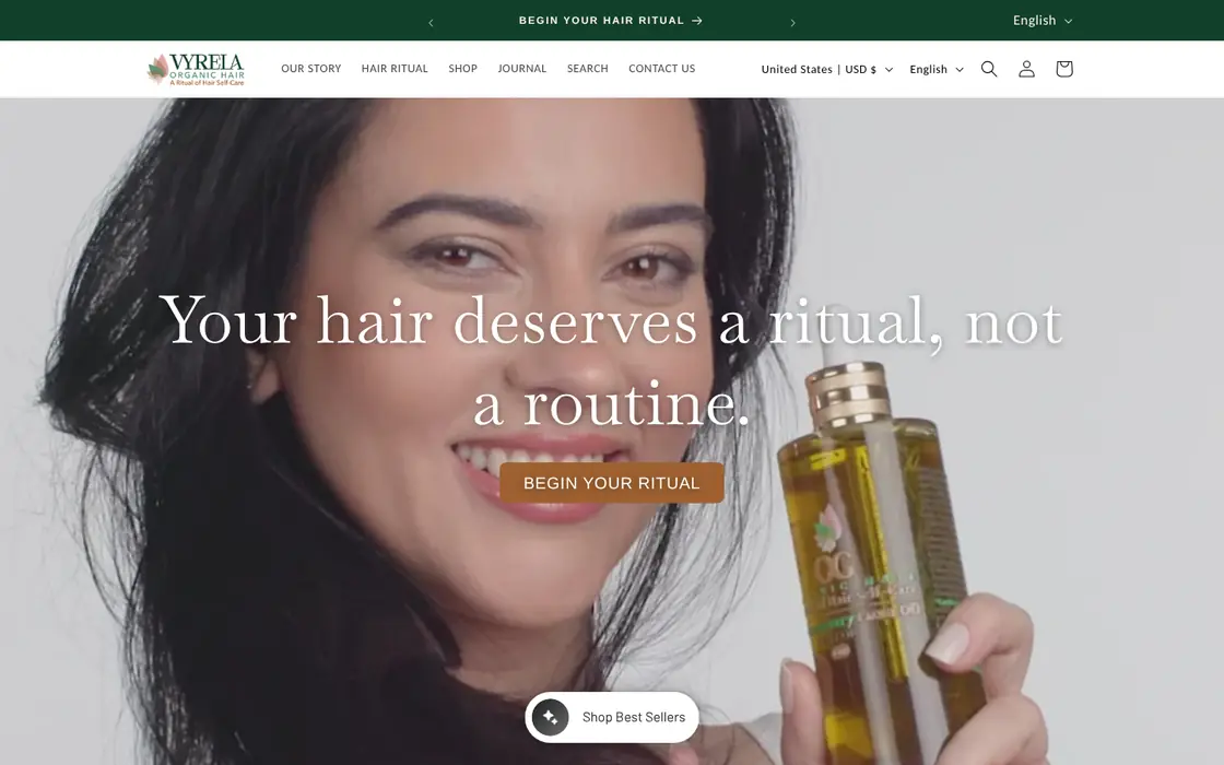VYRELA online store home page: the headline Your hair deserves a ritual, not a routine, over a woman holding a hair oil bottle, with a Begin your ritual button.
